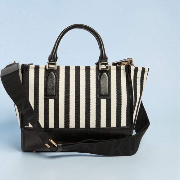 Kurt Geiger Chiswilk Black & White Striped Crossbody/Sachel w/Leather Trim, NWT - Picture 3 of 6